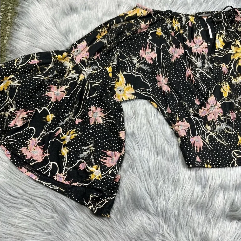 Free People One Last Time Black Floral Draped Bell Sleeve Top Size Small